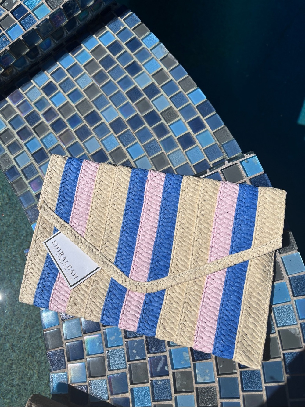 NWT Shiraleah Chicago blue Beltran woven straw striped envelope clutch